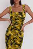 Yellow Green Bodycon Square Neck Printed Midi Cocktail Dress