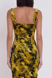 Yellow Green Bodycon Square Neck Printed Midi Cocktail Dress