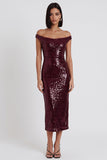 Off the Shoulder Sparkly Burgundy Sheath Sequins Midi Cocktail Dress