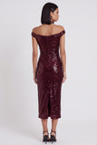 Off the Shoulder Sparkly Burgundy Sheath Sequins Midi Cocktail Dress