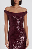 Off the Shoulder Sparkly Burgundy Sheath Sequins Midi Cocktail Dress