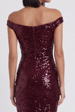 Off the Shoulder Sparkly Burgundy Sheath Sequins Midi Cocktail Dress