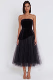 Black A-Line Velvet Tulle Strapless Midi Cocktail Dress
