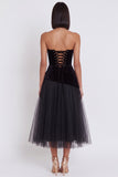 Black A-Line Velvet Tulle Strapless Midi Cocktail Dress