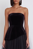 Black A-Line Velvet Tulle Strapless Midi Cocktail Dress