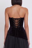 Black A-Line Velvet Tulle Strapless Midi Cocktail Dress