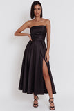 Black A-Line Ruched Strapless Midi Cocktail Dress with Slit