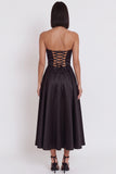 Black A-Line Ruched Strapless Midi Cocktail Dress with Slit