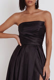 Black A-Line Ruched Strapless Midi Cocktail Dress with Slit