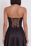 Black A-Line Ruched Strapless Midi Cocktail Dress with Slit