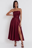 Black A-Line Ruched Strapless Midi Cocktail Dress with Slit