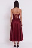 Black A-Line Ruched Strapless Midi Cocktail Dress with Slit