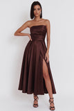 Black A-Line Ruched Strapless Midi Cocktail Dress with Slit