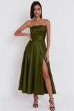 Black A-Line Ruched Strapless Midi Cocktail Dress with Slit