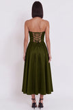 Black A-Line Ruched Strapless Midi Cocktail Dress with Slit