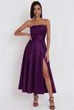 Black A-Line Ruched Strapless Midi Cocktail Dress with Slit