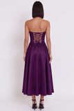 Black A-Line Ruched Strapless Midi Cocktail Dress with Slit