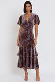 Plum Velvet Tiered Ruffled Sheath V-Neck Midi Cocktail Dress with Flutter Sleeves