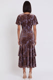 Plum Velvet Tiered Ruffled Sheath V-Neck Midi Cocktail Dress with Flutter Sleeves