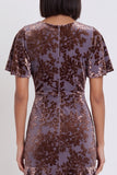 Plum Velvet Tiered Ruffled Sheath V-Neck Midi Cocktail Dress with Flutter Sleeves