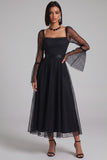 Black A-Line Square Neck Polka Dots Flare Sleeves Tulle Midi Cocktail Dress