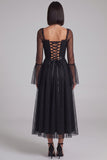 Black A-Line Square Neck Polka Dots Flare Sleeves Tulle Midi Cocktail Dress