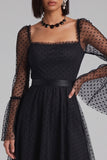 Black A-Line Square Neck Polka Dots Flare Sleeves Tulle Midi Cocktail Dress