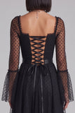 Black A-Line Square Neck Polka Dots Flare Sleeves Tulle Midi Cocktail Dress