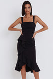 Black Mermaid High Low Square Neck Ruched Midi Cocktail Dress with Asymmetrical Ruffles