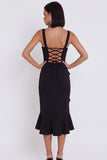 Black Mermaid High Low Square Neck Ruched Midi Cocktail Dress with Asymmetrical Ruffles