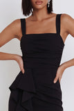 Black Mermaid High Low Square Neck Ruched Midi Cocktail Dress with Asymmetrical Ruffles