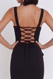Black Mermaid High Low Square Neck Ruched Midi Cocktail Dress with Asymmetrical Ruffles