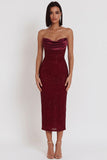 Glitter Burgundy Bodycon Corset Cowl Satin Strapless Midi Cocktail Dress
