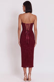 Glitter Burgundy Bodycon Corset Cowl Satin Strapless Midi Cocktail Dress