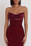 Glitter Burgundy Bodycon Corset Cowl Satin Strapless Midi Cocktail Dress