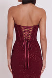 Glitter Burgundy Bodycon Corset Cowl Satin Strapless Midi Cocktail Dress
