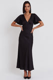 Black Mermaid Satin V-Neck Flutter Sleeves Midi Cocktail Dress