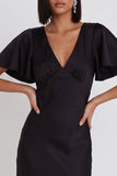 Black Mermaid Satin V-Neck Flutter Sleeves Midi Cocktail Dress