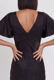 Black Mermaid Satin V-Neck Flutter Sleeves Midi Cocktail Dress