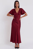 Black Mermaid Satin V-Neck Flutter Sleeves Midi Cocktail Dress