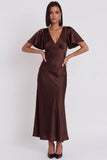 Black Mermaid Satin V-Neck Flutter Sleeves Midi Cocktail Dress