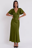 Black Mermaid Satin V-Neck Flutter Sleeves Midi Cocktail Dress