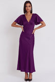 Black Mermaid Satin V-Neck Flutter Sleeves Midi Cocktail Dress