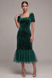 Dark Green Mermaid Square Neck Ruffled Tulle Short Sleeves Midi Velvet Dress