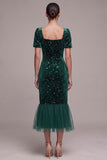 Dark Green Mermaid Square Neck Ruffled Tulle Short Sleeves Midi Velvet Dress