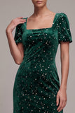 Dark Green Mermaid Square Neck Ruffled Tulle Short Sleeves Midi Velvet Dress