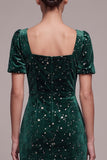 Dark Green Mermaid Square Neck Ruffled Tulle Short Sleeves Midi Velvet Dress