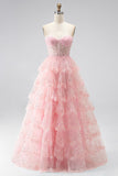 Sparkly Pink Tiered Ruffled Sequins Tulle Sheer Corset A-Line Strapless Long Prom Dress with Beading
