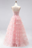 Sparkly Pink Tiered Ruffled Sequins Tulle Sheer Corset A-Line Strapless Long Prom Dress with Beading