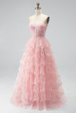 Sparkly Pink Tiered Ruffled Sequins Tulle Sheer Corset A-Line Strapless Long Prom Dress with Beading